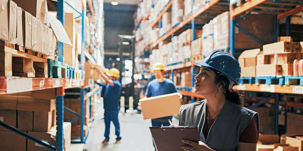 Close-up of a group of workers in a warehouse.