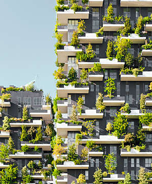 The Bosco Verticale, a pair of residential towers in Milan, Italy, is covered in trees and plants.