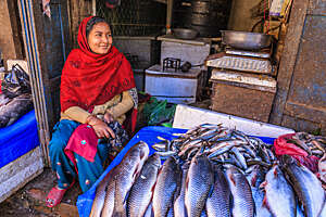 Fish shop in Bhaktapur, Nepal. Bhaktapur is an ancient town in the Kathmandu Valley and is listed as a World Heritage Site by UNESCO for its rich culture, temples, and wood, metal and stone artwork.http://bem.2be.pl/IS/nepal_380.jpg